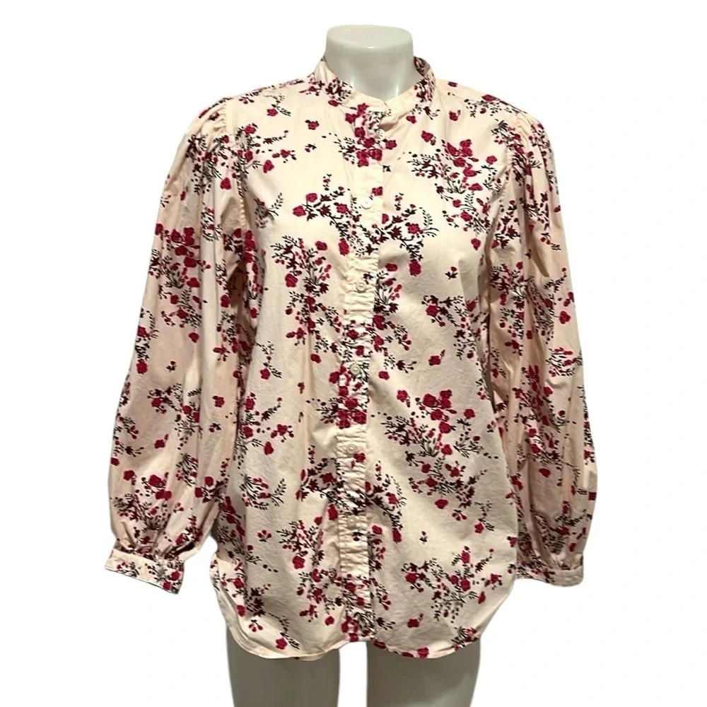 J.Crew classic collarless puff sleeve button down floral shirt size 10